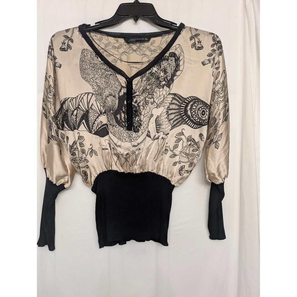 Zara Woman Silk Blend Graphic Print Blouse Ribbed Cuff Waist Beige Black M